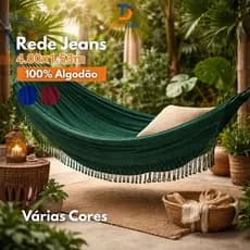 Rede De Dormir Jeans Casal 4.00x1.53m Algodão Reforçada Com Franja Para Varanda Jardim
