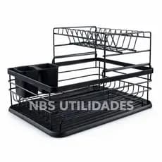 Escorredor de Louça Duplo em Aço com bandeja e Porta Talheres – Preto