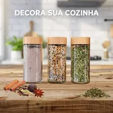POTE PARA TEMPERO REDONDO DE VIDRO COM TAMPA DE BAMBU
