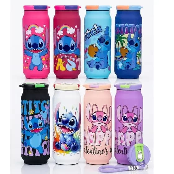 Garrafinha Infantil  Garrafa Térmica Aço Inoxidável 600ml Tampa Rosca Alça Stitch