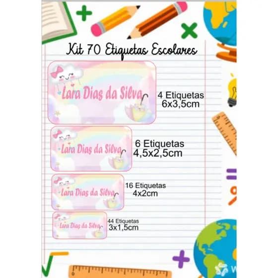 Kit 70 Etiquetas Escolar - Etiqueta Escolar Personalizada com Nome | Adesivo Resistente para Material Escolar Infantil
