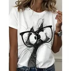 Camiseta Feminina de Gola Redonda Estampada com gato com óculos, Moda T-shirt Feminina com Estampa de gato com óculos