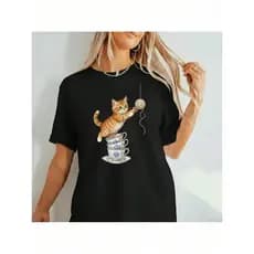 Camiseta Feminina De Gola Redonda Estampada Com Gato na Xicara, Moda T-Shirt Feminina Com Estampa de Gato, Camiseta