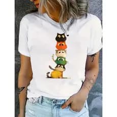 Camiseta Feminina de Gola Redonda Estampada com Gato Fofo para Mulheres, Moda T-shirt Feminina com Estampa com