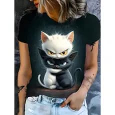 Camiseta Feminina de Gola Redonda Estampada com Design animal Retro, Moda T-shirt Feminina com Estampa de Gatos Colorido