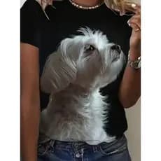 Blusinha feminina 100% algodão, camiseta t-shirt com estampa realista de cachorrinho branco em destaque