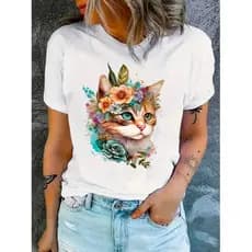 Camiseta Feminina de Gola Redonda Estampada com Gato Laranja, Moda T-shirt Feminina com Estampa de Gato Laranja, Camiset