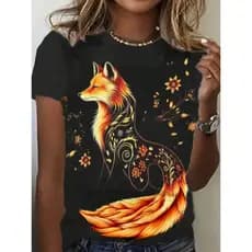 Camiseta Feminina De Gola Redonda Estampada De Raposa com Flores, Moda T-shirt Feminina com Estampa de Raposa e Flores,