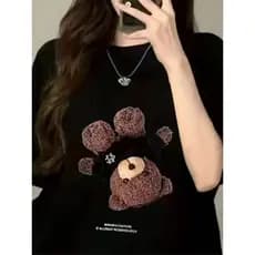 Camiseta Feminina de Gola Redonda Estampada com urso de peluche, Moda T-shirt Feminina com Estampa de urso de peluche