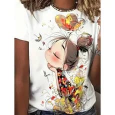Camiseta Feminina de Gola Redonda Estampada com Menina, Flores e Pássaros, Moda T-shirt Feminina com Estampa Floral