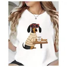 Camiseta Feminina - Camiseta Com  Estampada De Cachorro De Oculos Tomando Cafe - Pets Camiseta Para Amantes