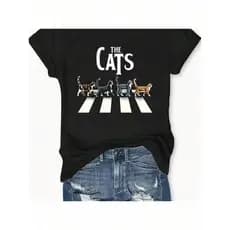 Camiseta Feminina Retro Rock and Roll Cat, Casual de Manga Curta Gola Careca, Modelagem Solta com Leve Elasticidade