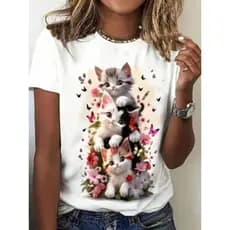 Camiseta Feminina de Gola Redonda Estampada com Gatinhos Fofos, Moda T-shirt Feminina com Estampa de Gato Fofo