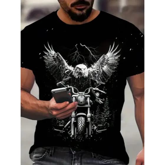 Camiseta Masculina de Gola Redonda Estampada com Águia & Motocicleta, Moda Masculina com Estampa de Águia, Camiseta