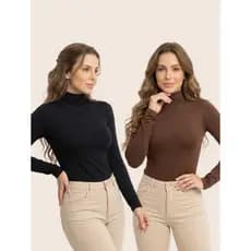 Kit 02 Blusa Feminina Manga Longa Gola Alta Suplex Premium