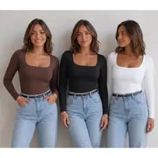 Kit 1,2,3 Blusinha Manga Longa Feminina Decote Quadrado Suplex Premium