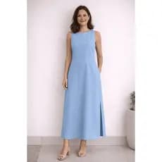 Vestido Regata Com Bolso Feminino em Linho com Forro Zíper nas Costas Longo com Fenda Lateral Verão Elegante