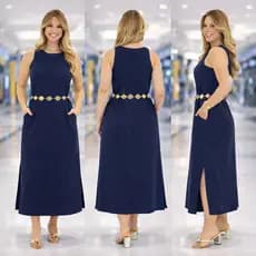 Vestido Regata Feminino Com Bolso Linho com Forro Zíper nas Costas Longo com Fenda Lateral Elegante Verão