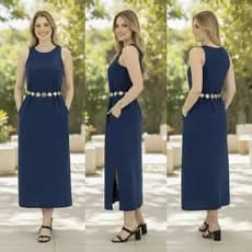 Vestido Regata Com Bolso Feminino Verão Casual em Linho com Forro Zíper nas Costas Longo com Fenda Elegante Lateral