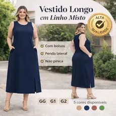 Vestido Longo Feminino Linho Misto com Bolso e Fenda Não Pinica Elegante com Zíper nas Costas Plus Size GG G1 G2