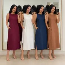 Vestido Regata Feminino Linho Midi  Elegante Atemporal Forrado Fenda Lateral Bolso Zíper Costas Verão Elegante
