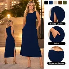 Vestido Regata Feminino Linho Longo Sem Manga Forrado com Bolso Fenda Lateral Zíper nas Costas Verão Casual Elegante