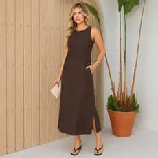 Vestido Regata Feminino Linho Marrom Café Longo Forrado Bolso Fenda Lateral Zíper Costas Elegante