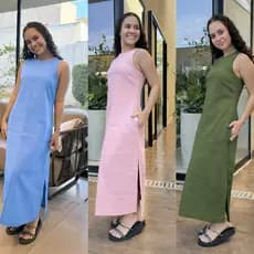 Vestido Regata Verão Com Bolso Feminino em Linho com Forro Zíper nas Costas Longo Fenda Lateral Elegante