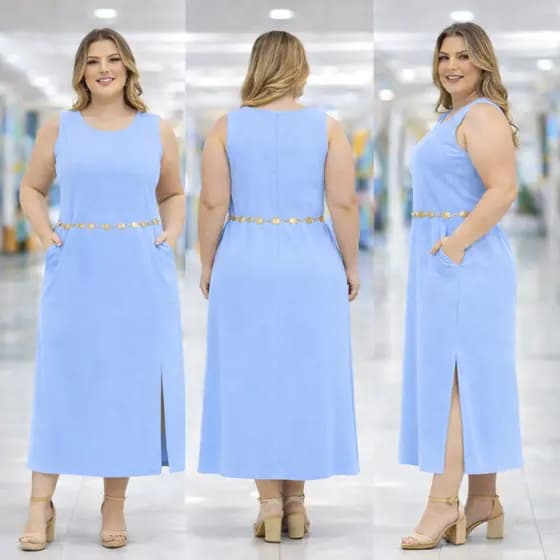 Vestido Regata Feminino Linho com Forro Zíper na Costas Longo Fenda Lateral Elegante Verão com Bolso Plus Size GG G1 G2