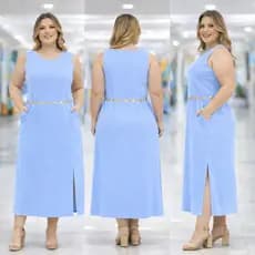 Vestido Regata Feminino Linho com Forro Zíper na Costas Longo Fenda Lateral Elegante Verão com Bolso Plus Size GG G1 G2