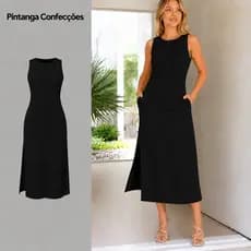 Vestido Regata Feminino Preto Linho Longo Forrado Bolso Fenda Zíper Costas Elegante Verão