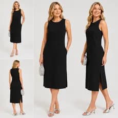 Vestido Regata Feminino Linho Preto Longo Sem Manga Forrado Bolso Fenda Lateral Zíper Costas Casual Elegante Verão