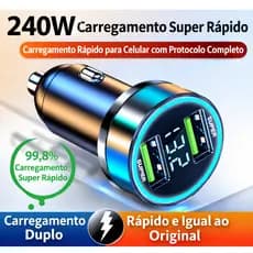 Carregador Veicular Turbo 240W Super Rápido com Display Monitor Bateria Dual USB Carregador De Celular Para Carro