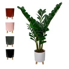 Planta Artificial Com Vaso Zamioculca 80cm Realista e Vaso Com 3 Pés de Madeira Decorativo Premium