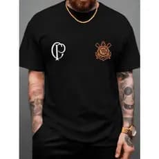 Camiseta 100% Algodão Unissex Futebol Time Corinthians Paulista CP Branca e Dourado Casual