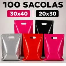100 Sacolas Plásticas Boca de Palhaço Alça Vazada 20x30 30x40 Resistente para Loja Lembrancinha Diversas Cores Qual