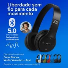 Fone Bluetooth P47 Sem Fio Headphone Dobrável com Microfone, Bateria Longa, Compatível Android iOS, Alta Qualidade e Con