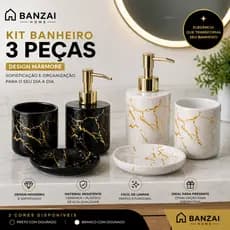 Kit Banheiro Luxo 3 Peças Mármore Dourado Decorativo