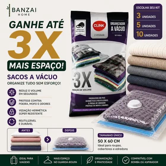 Kit 3 | 5 | 10 Saco organizador a Vácuo – Organize tudo sem esforço - 50x60cm