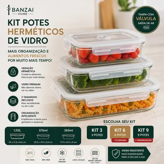 3 Potes Herméticos de Vidro com Válvula 365ml 576ml 1,03L Marmita Fit Trava Freezer Micro-ondas