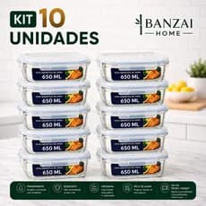 Kit 10 Potes Herméticos de Vidro 650ml Tampa 4 Travas, Marmita Fit Freezer Microondas Lava louças