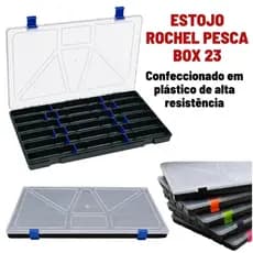 Estojo Rochel Pesca Caixa De Iscas Box 23 Preto Tampa Transparente 22 Div e Divisorias e Travas Coloridas