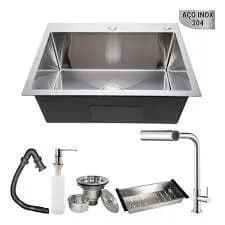 Kit Cuba Gourmet Pia Cozinha Inox 304 60x45 Escovada Cuba Embutir Ou Sobrepor Completa Com Acessórios e Torneira Gourmet