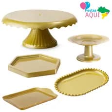Kit 1 Boleira Cake Renda 22, 1 Mini Cake, 1 Bandeja Sextavada, 1 Bandeja 20x13, 1 Bandeja Perolada