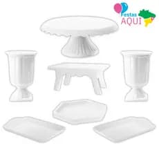 Kit 1 Boleira Cake Renda 22, 1 Mesinha, 2 Vaso Romano, 1 Bandeja Sextavada, 2 Bandeja 20x13
