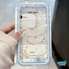Capa 2 em 1 com Borboletas Ouro Branco para iPhone 17 Pro Max 13 11 12 16 15 14 Plus Transparente de Capinha