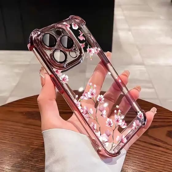 Capa Anti-Queda Transparente Para iPhone 16 15 14 Plus 13 12 11 17 Pro Max Air Flores De Ameixa Rosa de Luxo Capinha
