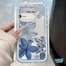 Capa 2 em 1 com moldura colorida para iPhone 17 Pro Max 13 11 12 16 15 14 Plus Capinha Transparente de Flores Azuis
