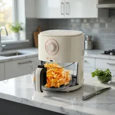 Air Fryer 5L 1600W Bege Cesta Vidro Silicone Punho Frio Pés Antiderrapantes Deslig. Auto Moderna
