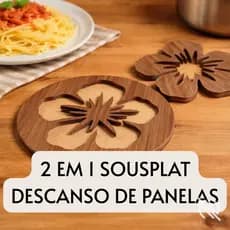 kit 2 em 1 Sousplat e Descanso de Panela MDF Mesa Posta Amadeirado Flor Elegante Tropical Decorativo